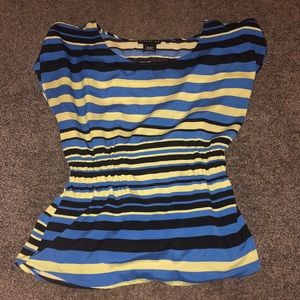 Black, neon green, and blue striped blouse